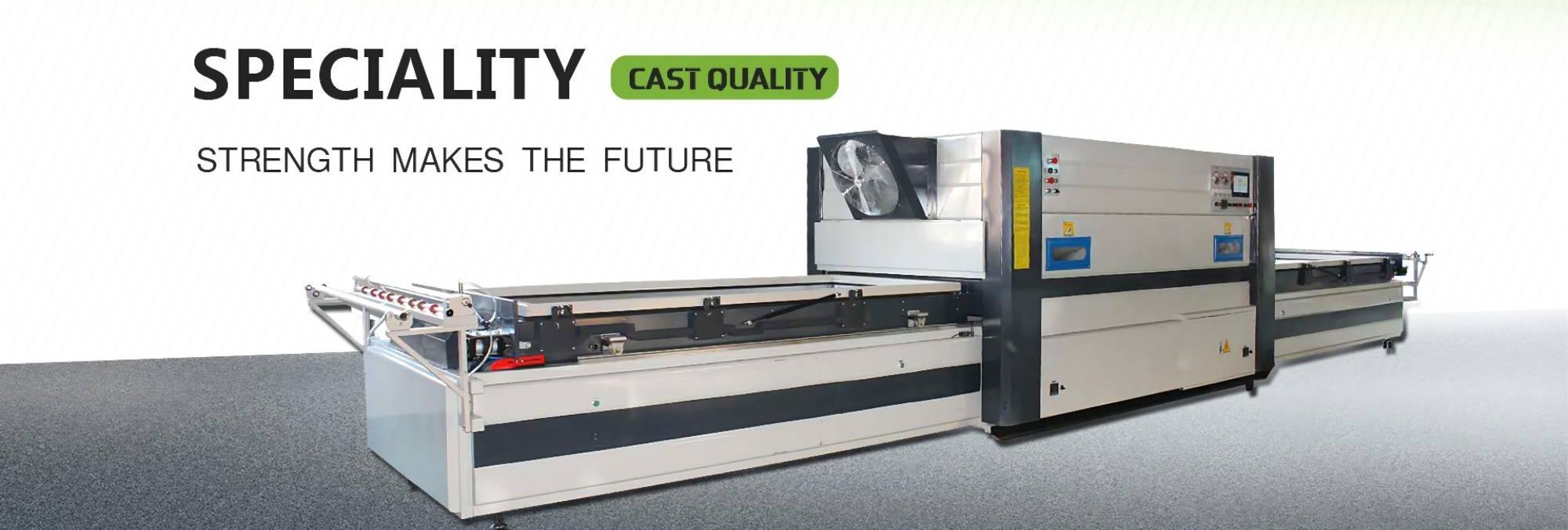 Heavy-duty industrial automatic roller veneer drying machine banner with text stating Speciality Cast Quality Strength Makes the Future.