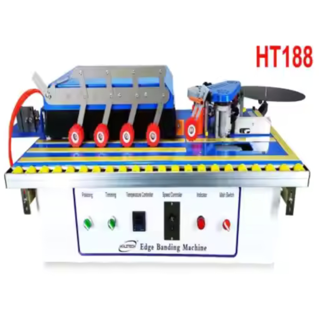 Holztech HT188 semi-automatic edge banding machine with automated panel pressure tracking rollers and a manual control interface.