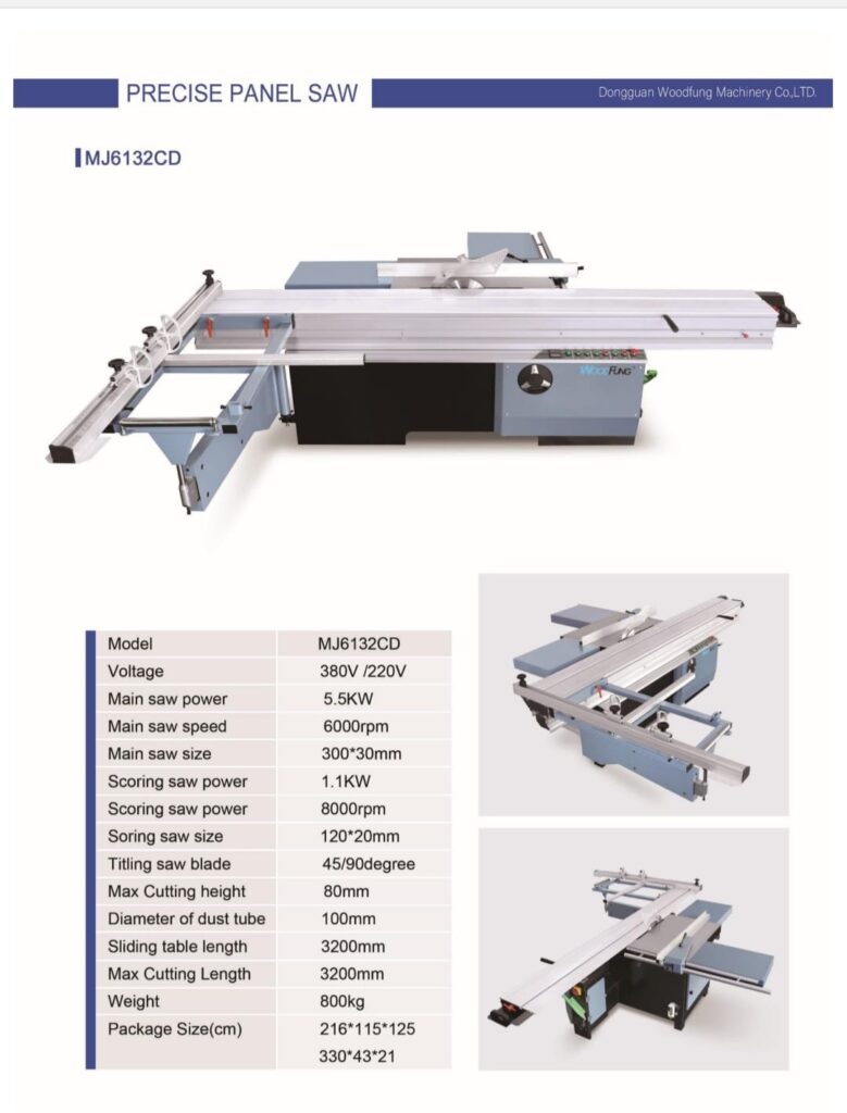Dongguan Woodfung MJ6132CD Precise Panel Saw with a 3200mm sliding table and dual saw blades for industrial woodworking.