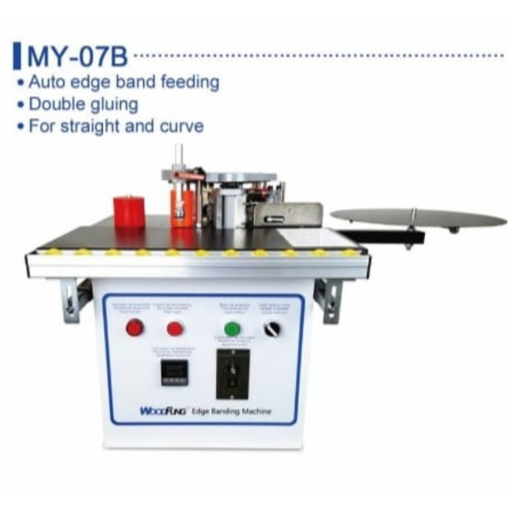 WoodFung MY-07B edge banding machine featuring auto edge band feeding and double gluing for straight and curve panels.