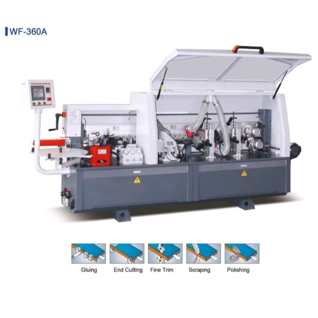 WF-360A automatic edge banding machine with gluing, end cutting, fine trimming, scraping, and polishing operations.