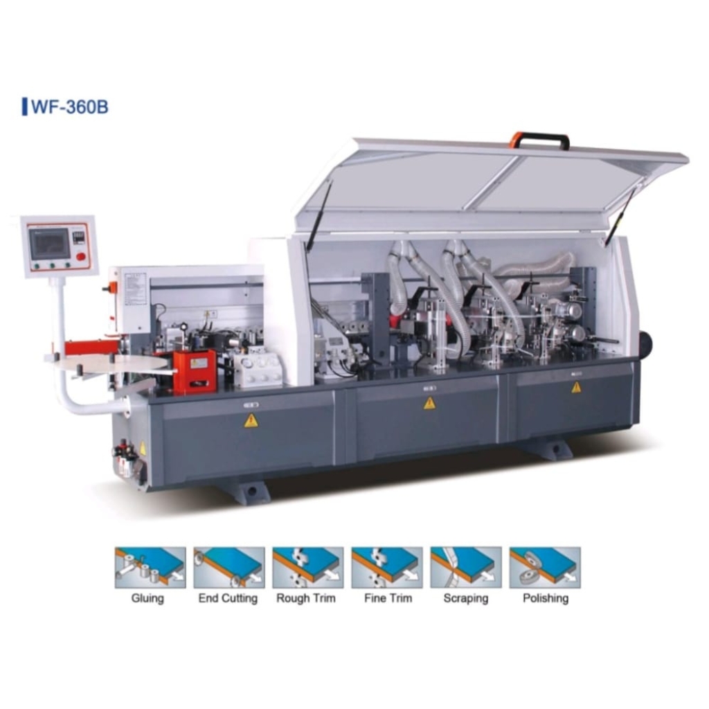 WF-360B automatic edge banding machine with gluing, end cutting, trimming, scraping, and polishing functions.