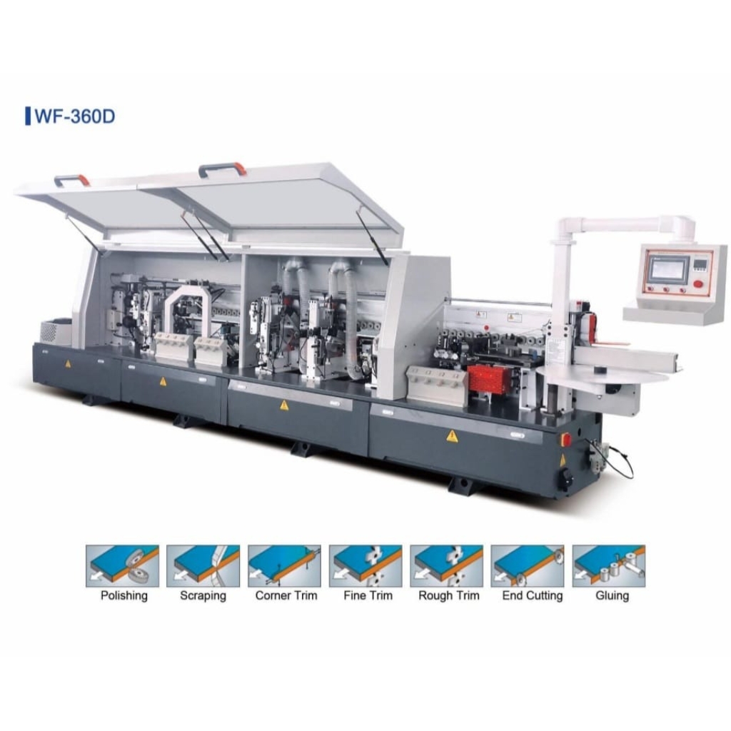 WF-360D automatic edge banding machine with gluing, end cutting, trimming, corner rounding, scraping, and polishing.