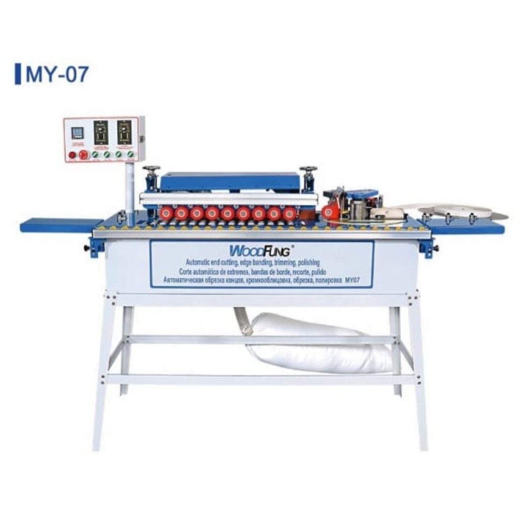 WoodFung MY-07 automatic edge banding machine featuring automatic end cutting, edge banding, trimming, and polishing with blue accents and dust collection bag.