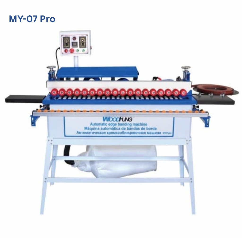 WoodFung MY-07 Pro automatic edge banding machine with blue frame, multi-roller top feed, and integrated dust collection bag.