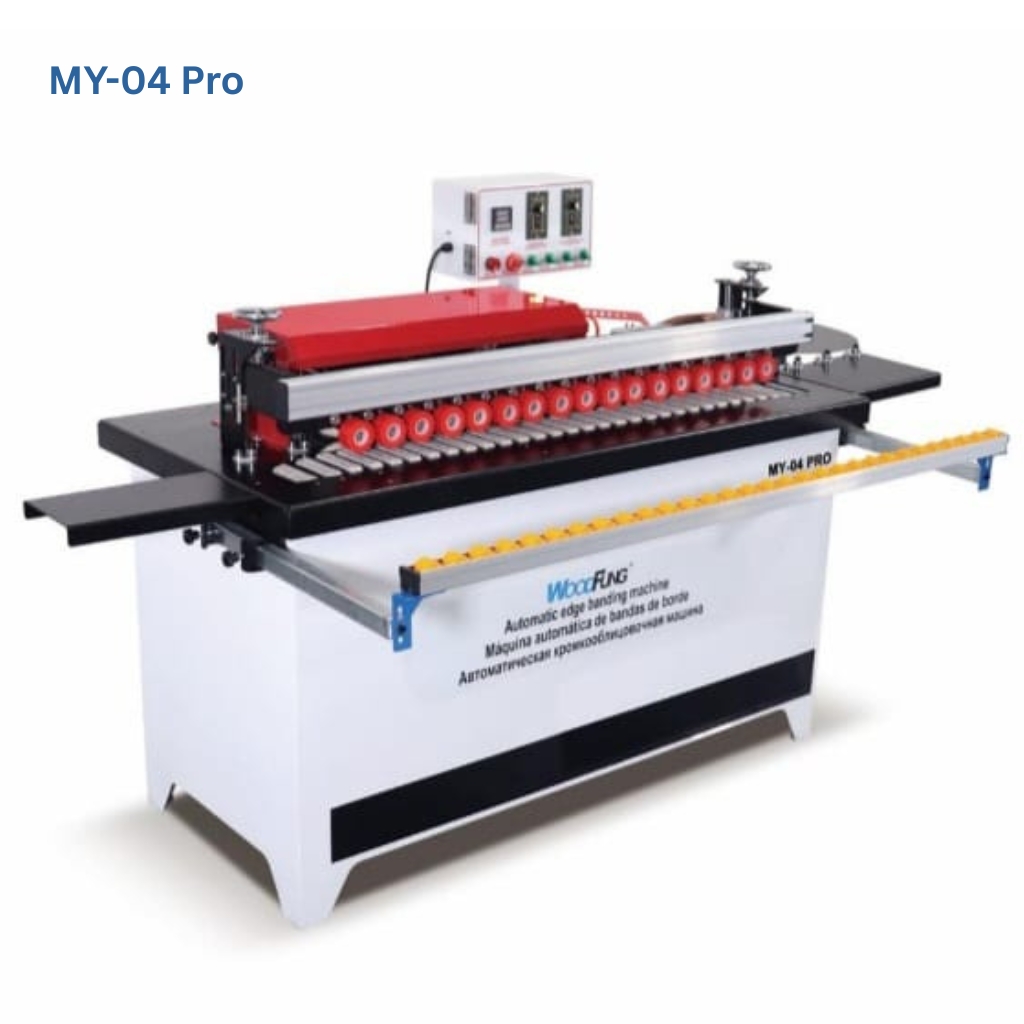 WoodFung MY-04 Pro automatic edge banding machine with top pressure rollers and adjustable support rail.
