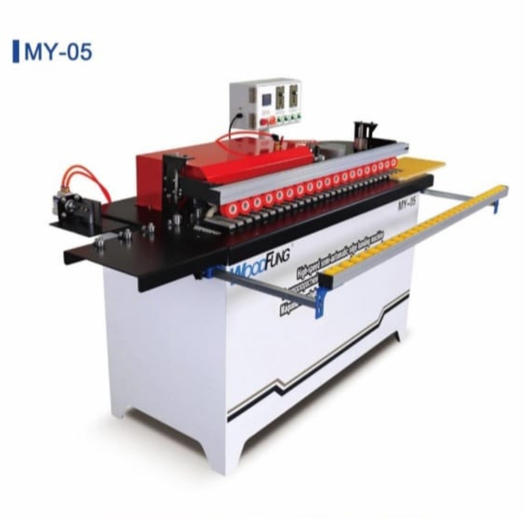 WoodFung MY-05 high-speed semi-automatic edge banding machine with automated roller feeding system.