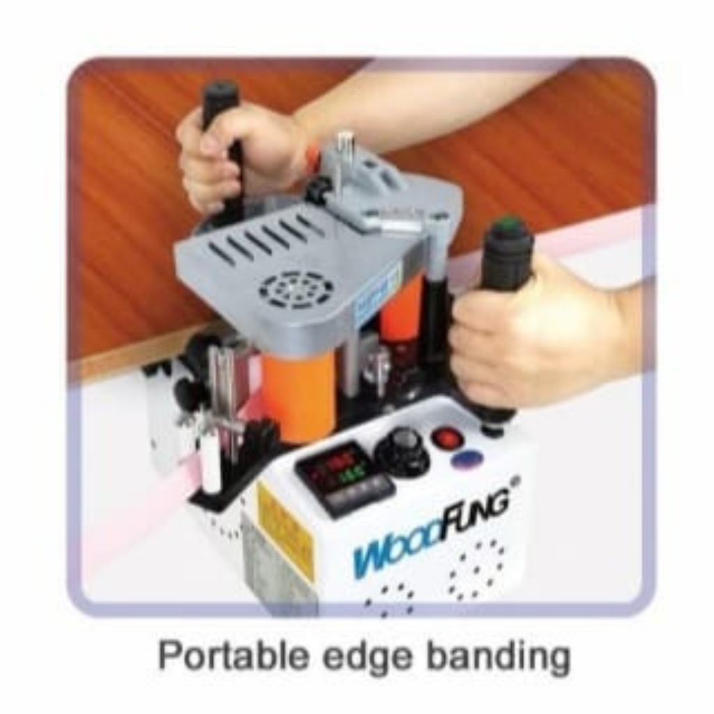 WoodFung portable handheld edge banding machine being operated manually on a wooden panel.