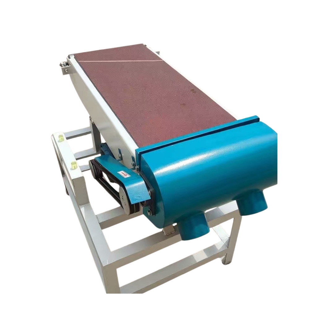 Industrial horizontal wide-belt sander machine with a brown abrasive sanding belt, blue protective motor housing, dual dust collection ports, and a silver steel support frame.
