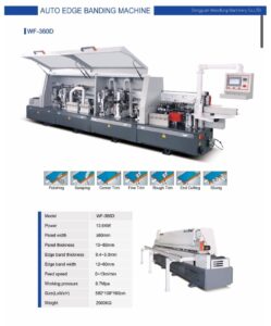 WF-360D automatic edge banding machine with gluing, end cutting, trimming, corner rounding, scraping, and polishing.