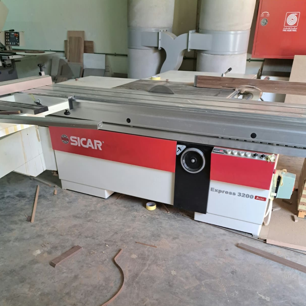 Used industrial sliding table panel saw machine for heavy-duty woodworking and MDF board cutting.